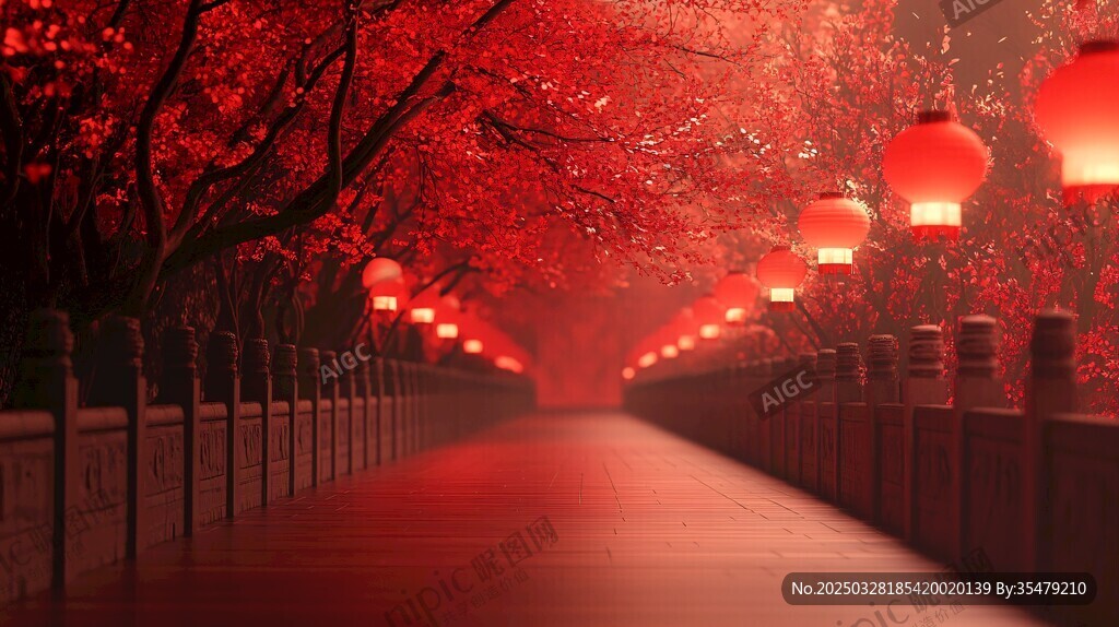 红灯映花径 夜色添诗意