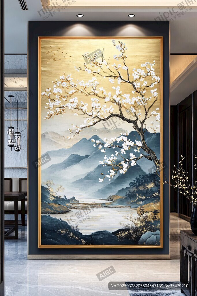 中式山水花鸟玄关装饰画