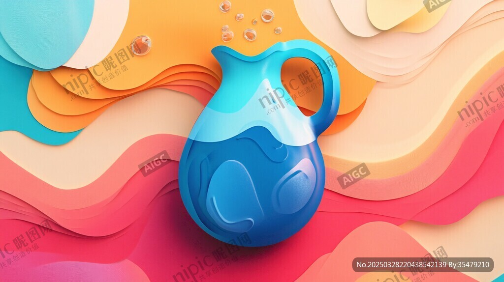 彩色背景中的蓝色陶制水壶