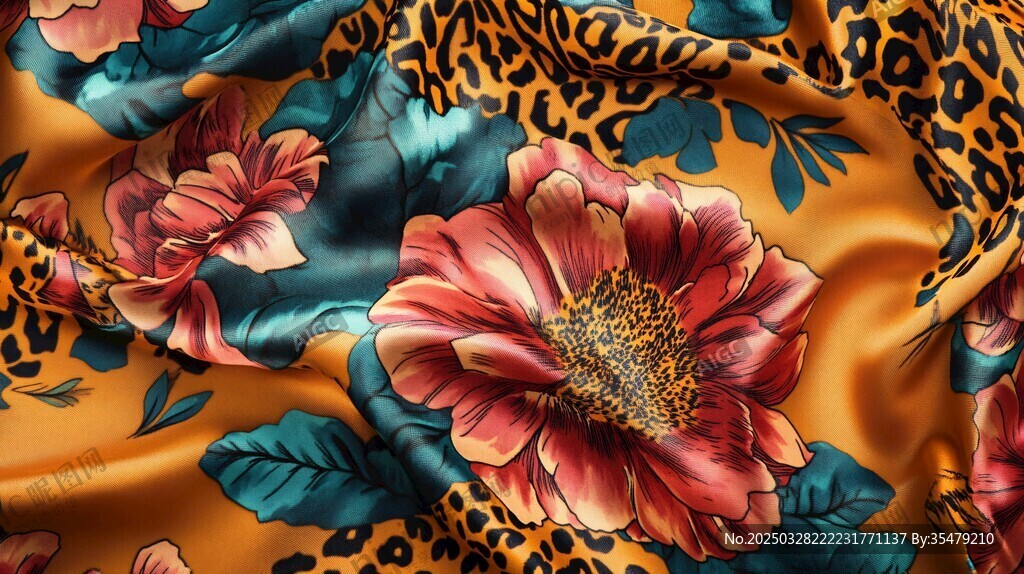 绚丽花卉豹纹交织丝绸面料