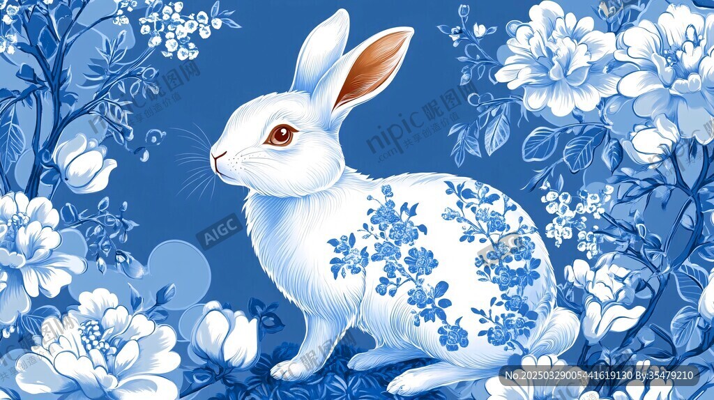 青花玉兔与花卉唯美图案