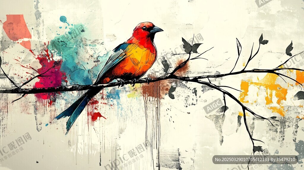 彩墨风小鸟栖于枝头