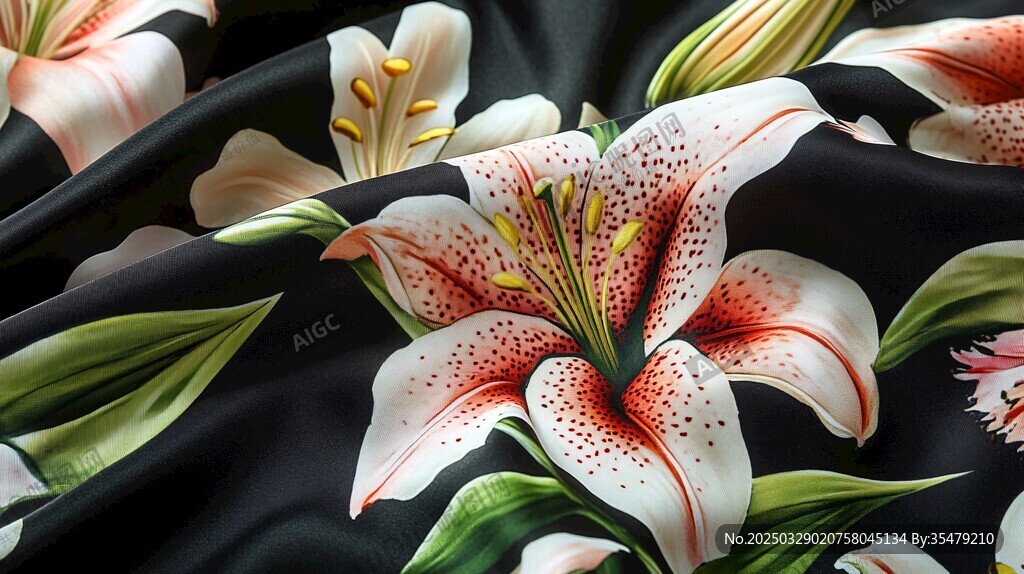 黑色底百合花印花丝绸面料