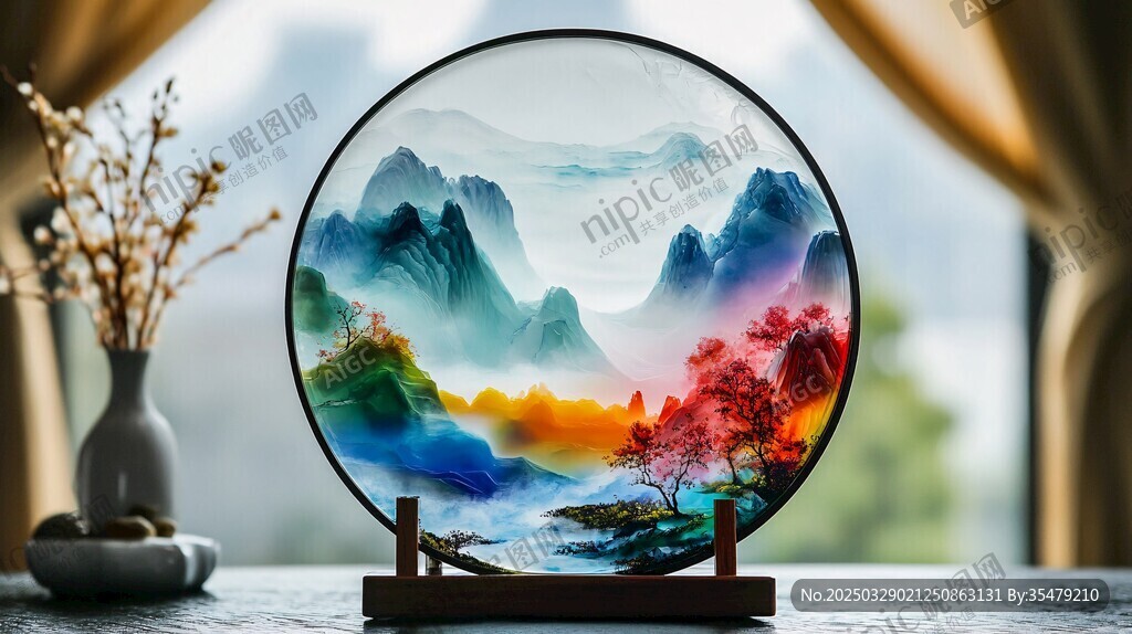 中式山水圆屏装饰摆件