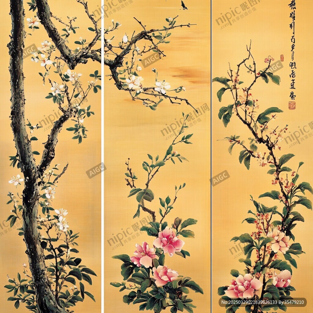 中式花鸟屏风画赏