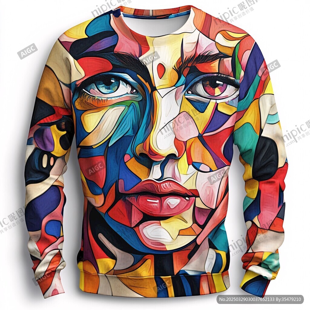 多彩抽象人脸印花长袖卫衣