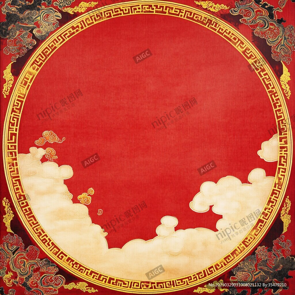 中式红底云纹圆形装饰图