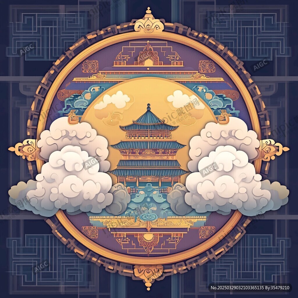 中式古风建筑云月插画