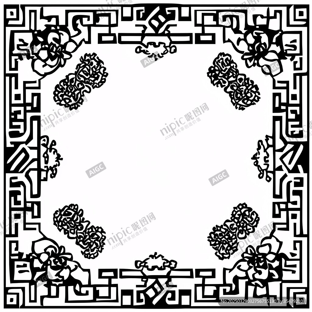 中式传统花卉几何边框图案