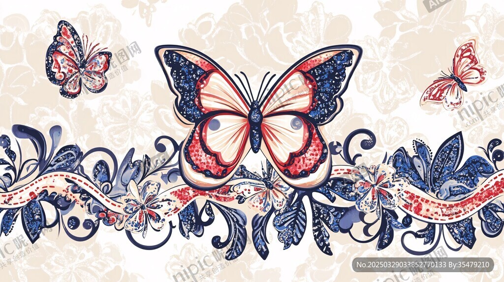 复古风蝴蝶花卉图案设计