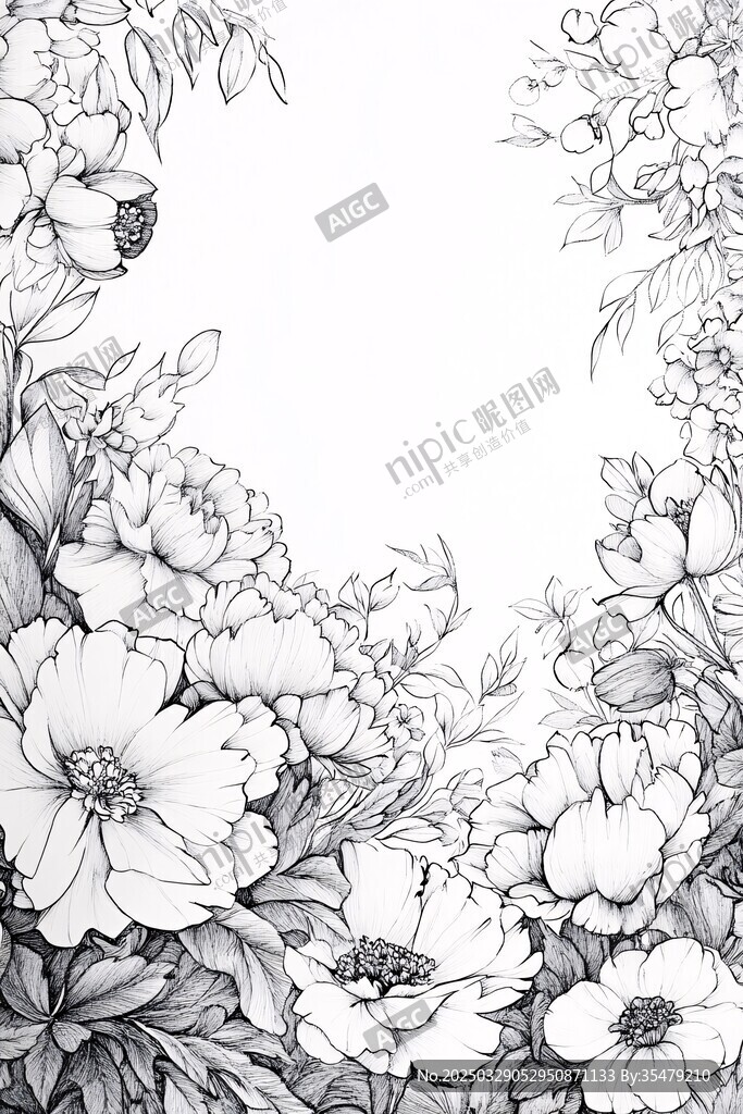 花卉黑白线稿边框插画