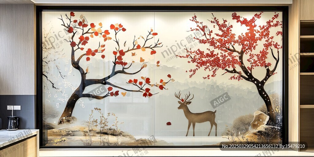 中式梅花鹿壁画背景墙