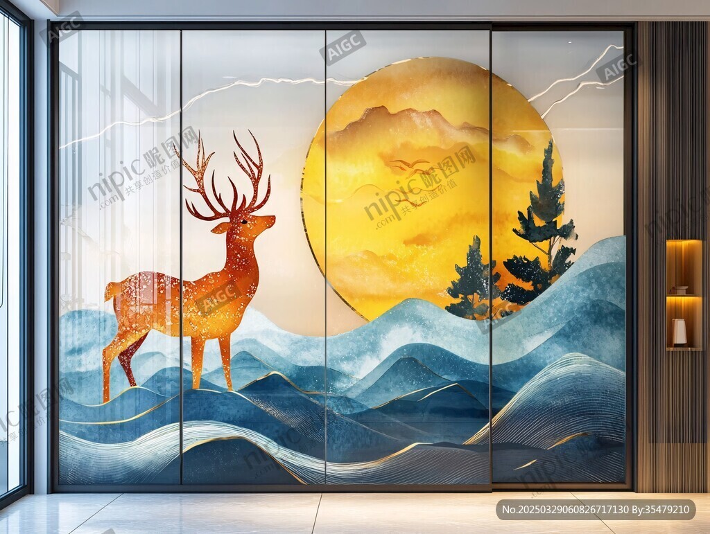 中式祥瑞鹿景艺术玻璃画