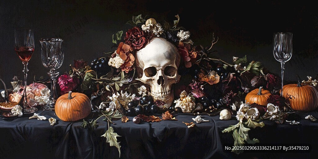 骷髅花卉静物 万圣氛围