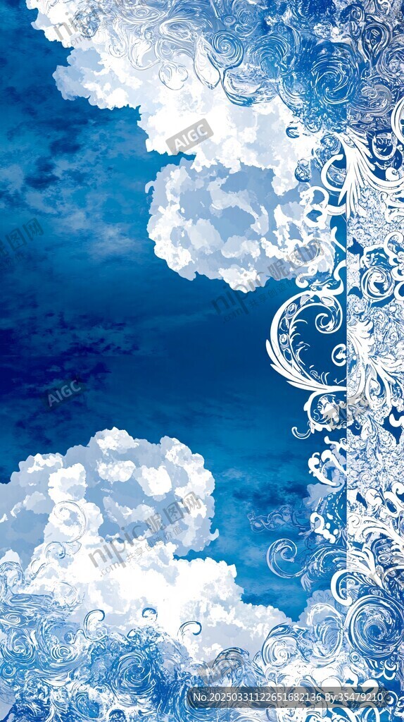 梦幻蓝白云朵花边背景图