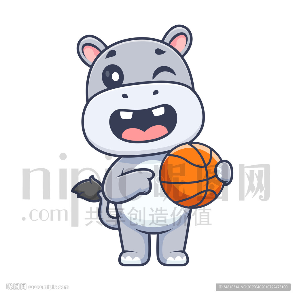 可爱卡通抱着篮球的河马