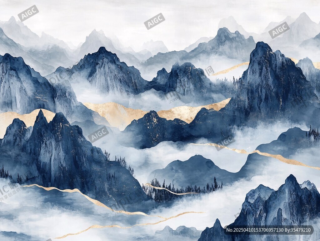 水墨群山间金色线条蜿蜒