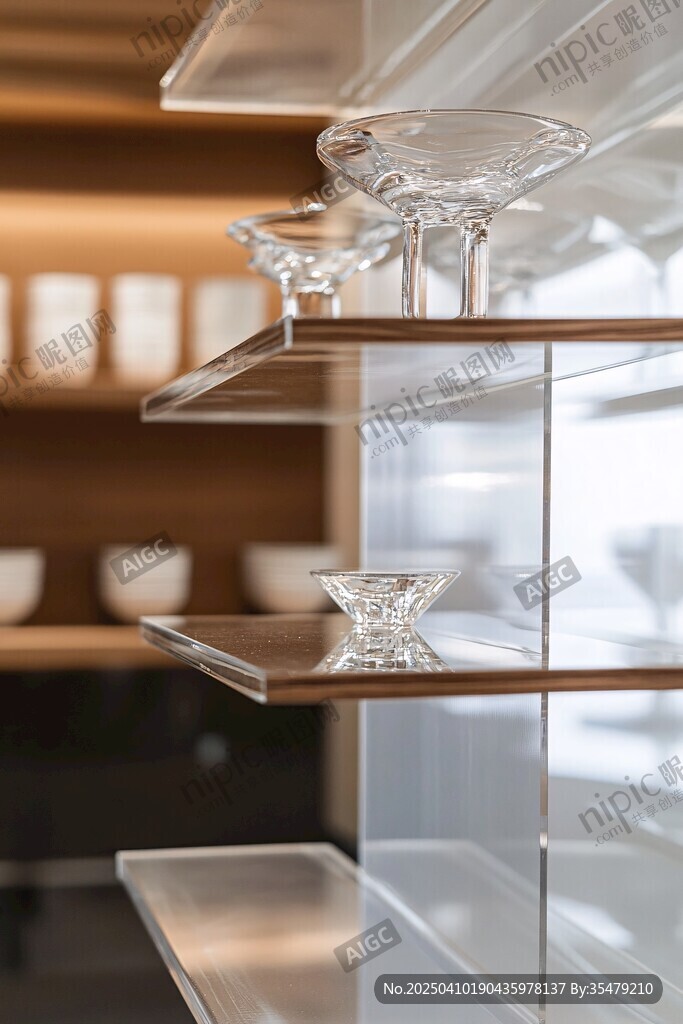 透明玻璃器皿陈列架上展示