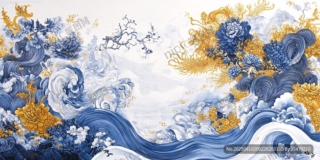 蓝黄国风海浪花卉装饰画