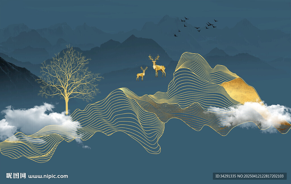 原创现代艺术靛蓝水墨山水
