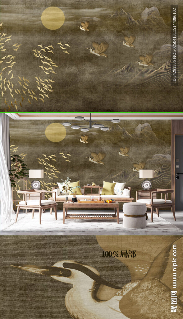 新中式彩墨意境山水画壁画