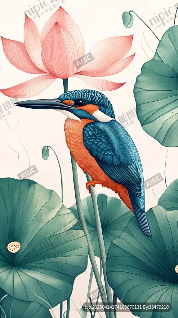 翠鸟栖于荷花荷叶间