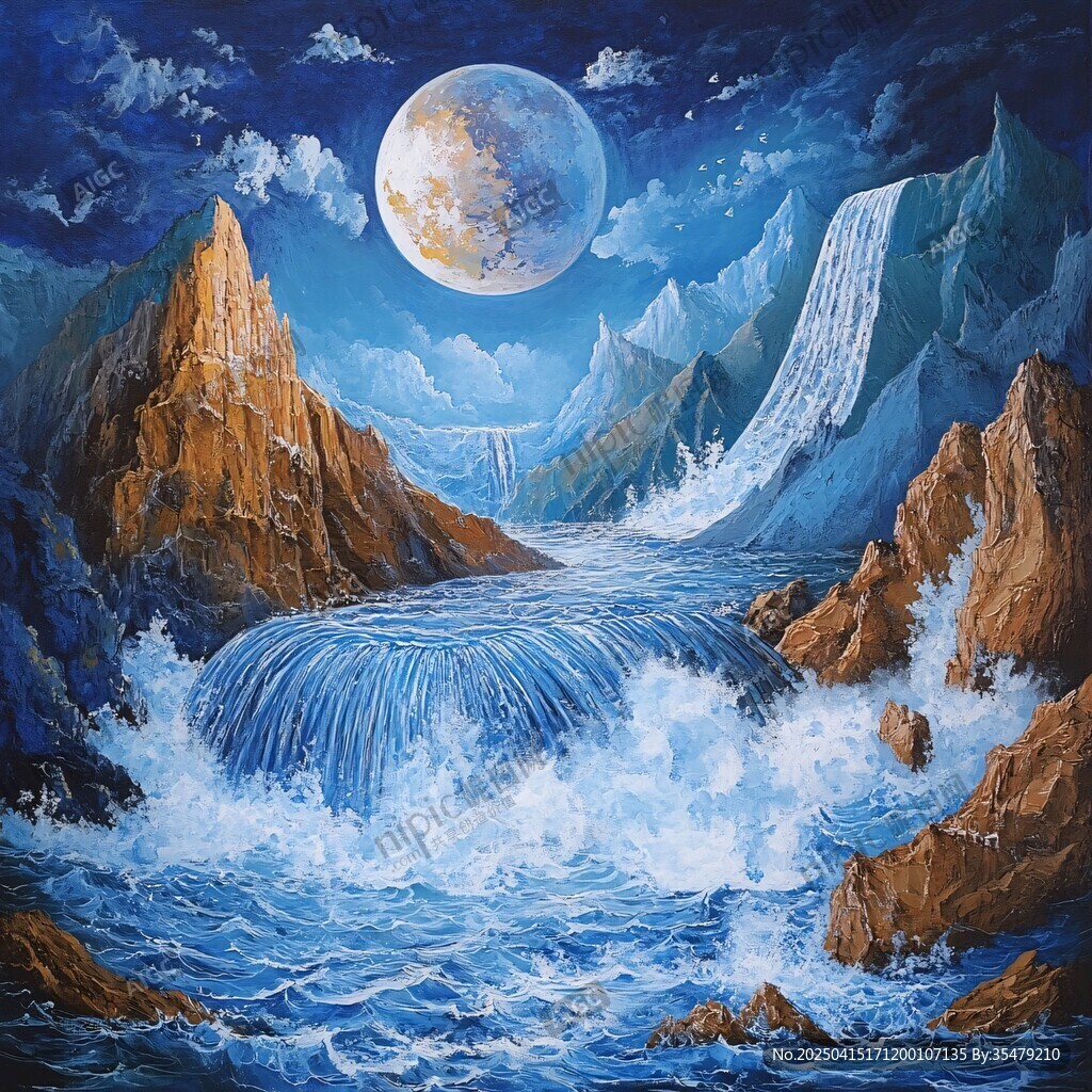 月夜下的山海瀑布景观