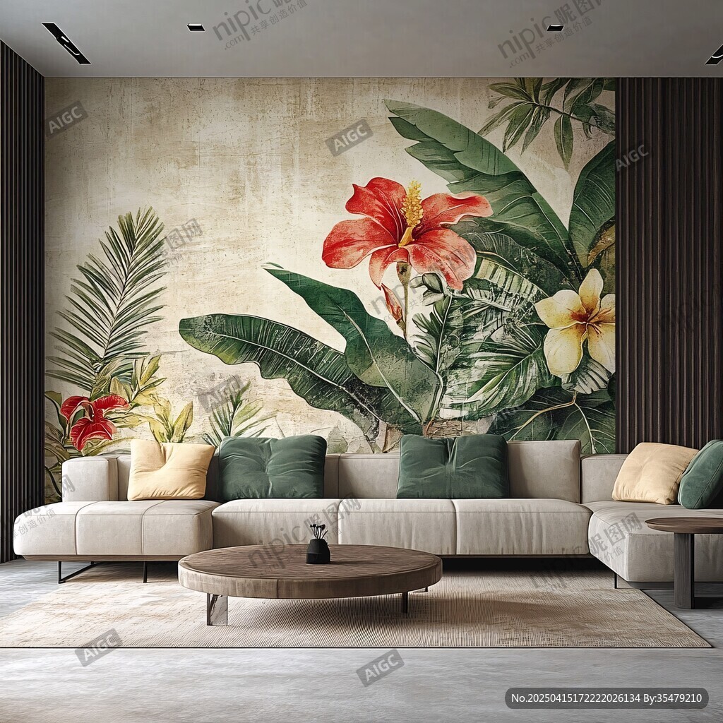 热带花卉壁画客厅装饰风