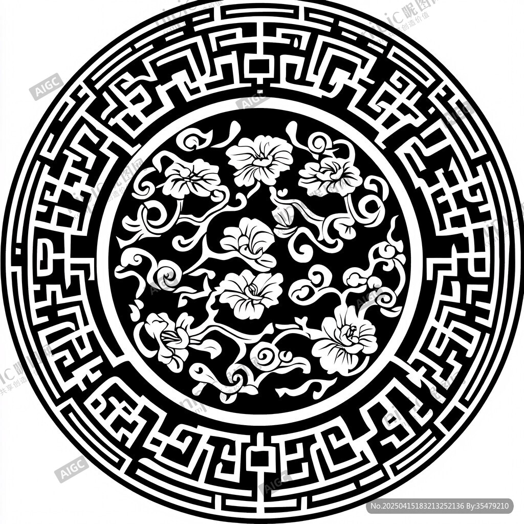 中式圆形花卉几何纹图案