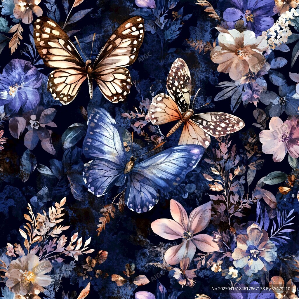 梦幻花卉间的蝴蝶飞舞