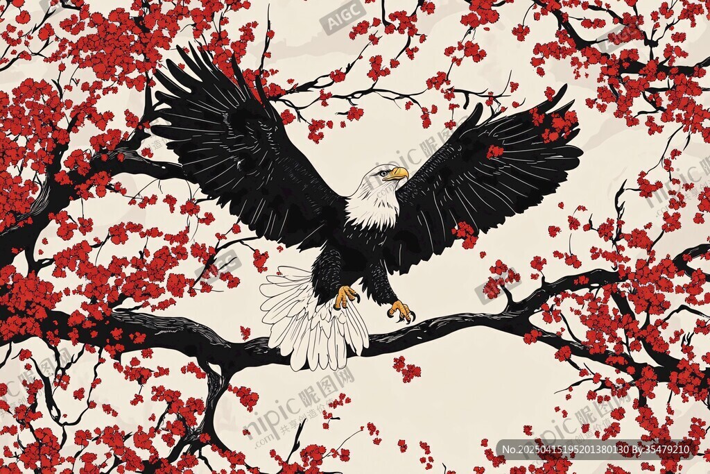 展翅雄鹰栖于繁花枝头