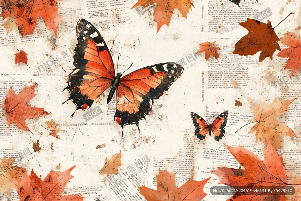 秋景中双蝶与枫叶的邂逅