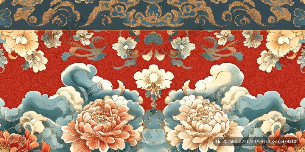 中式传统花卉海浪纹样