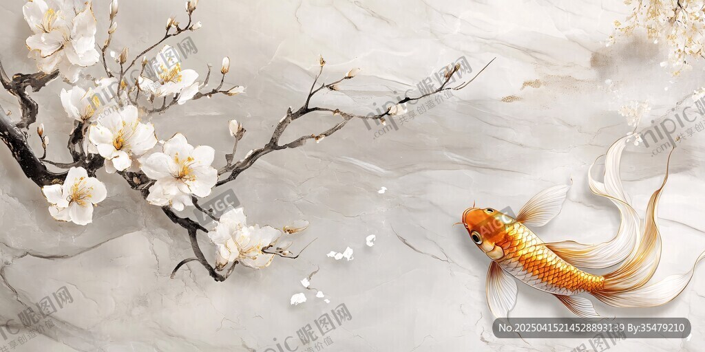 玉兰花下金鱼游弋