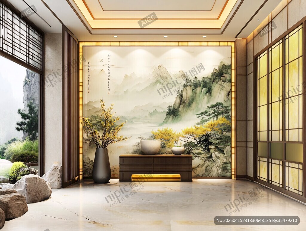 中式雅致玄关山水壁画景