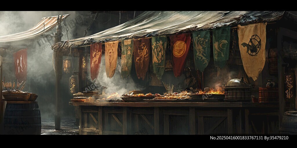 古风集市中的美食摊位