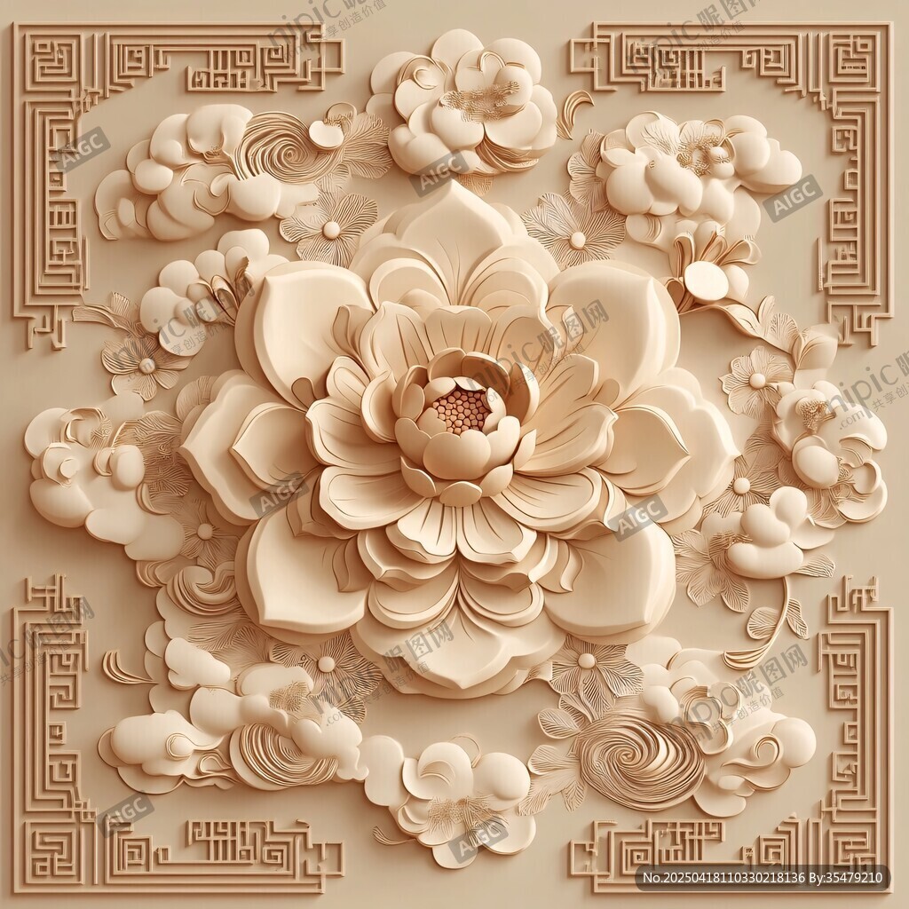 中式浮雕牡丹云纹装饰图案