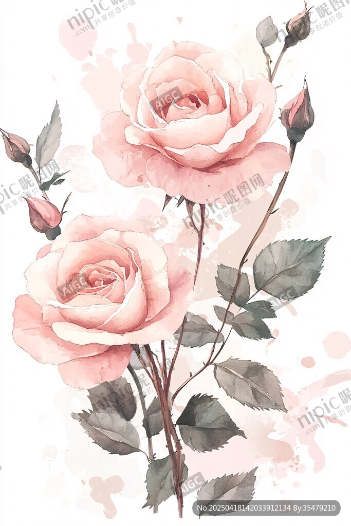 浪漫粉玫瑰水彩插画