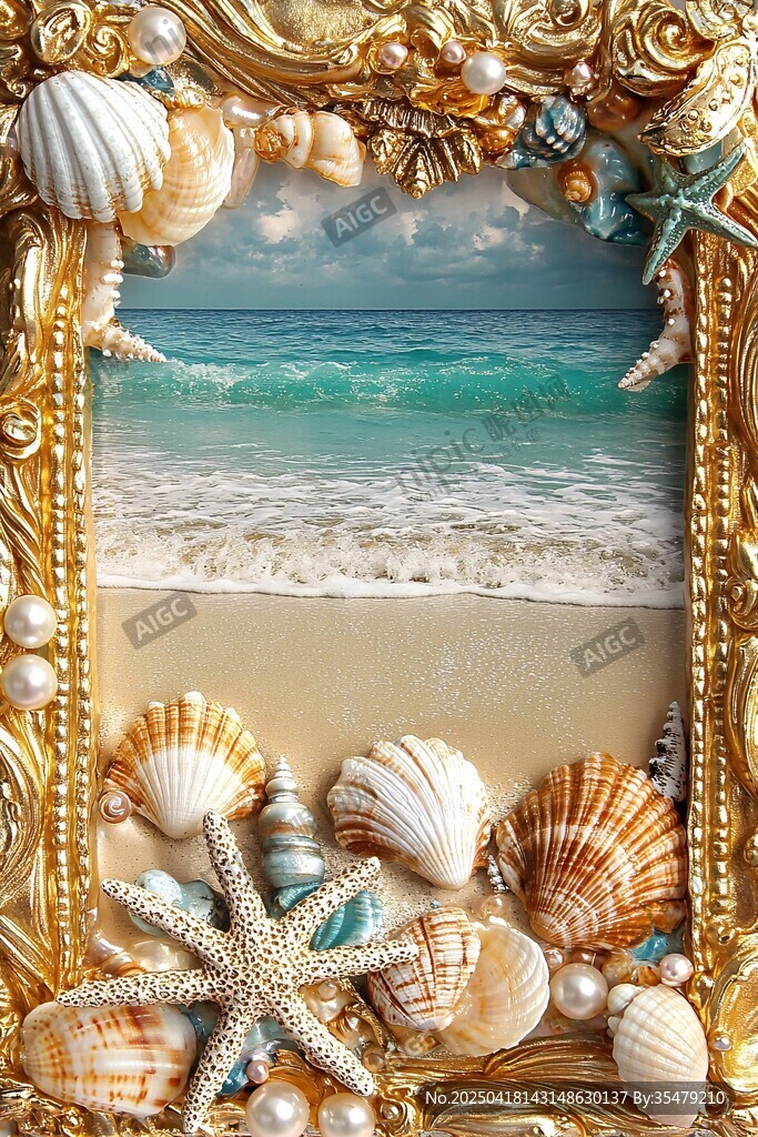 金色贝壳相框中的海洋景致
