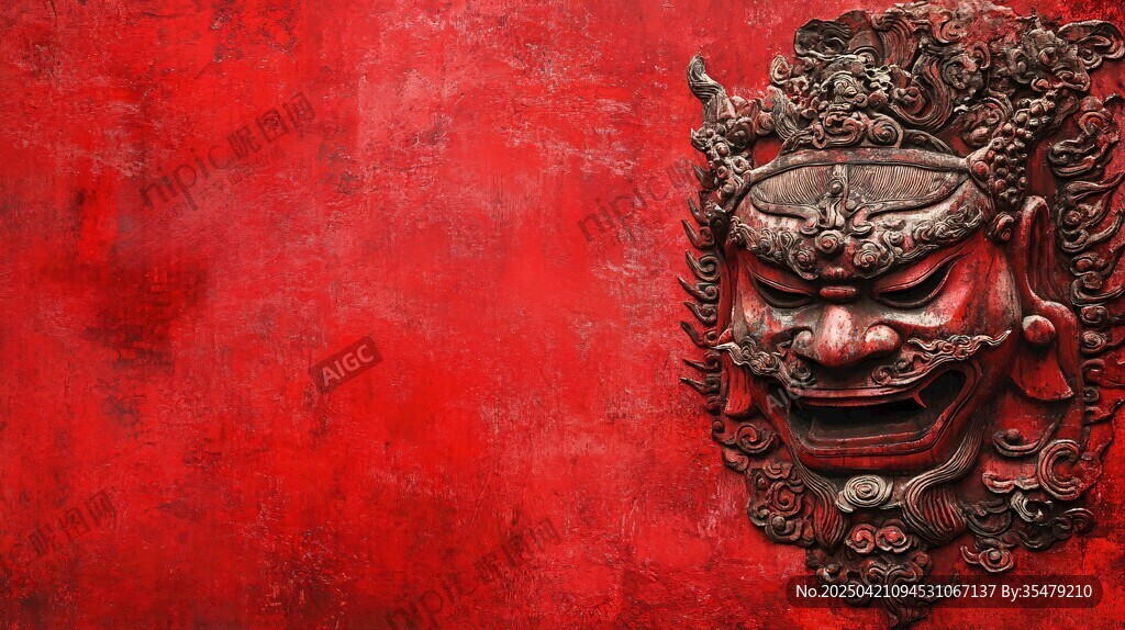 红色背景上的传统雕刻面具