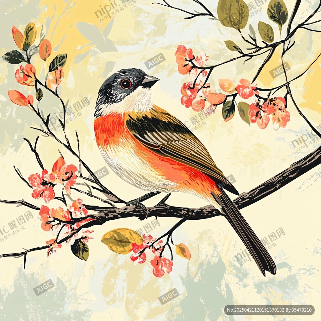 枝头彩鸟栖于繁花之间