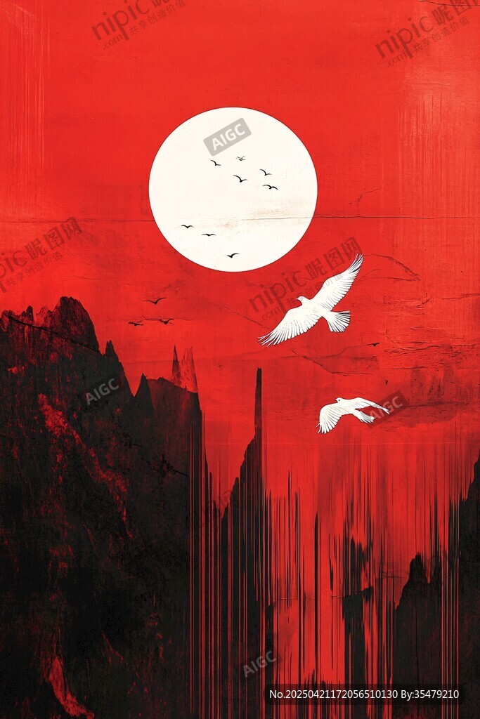红色天际飞鸟与山峦景观