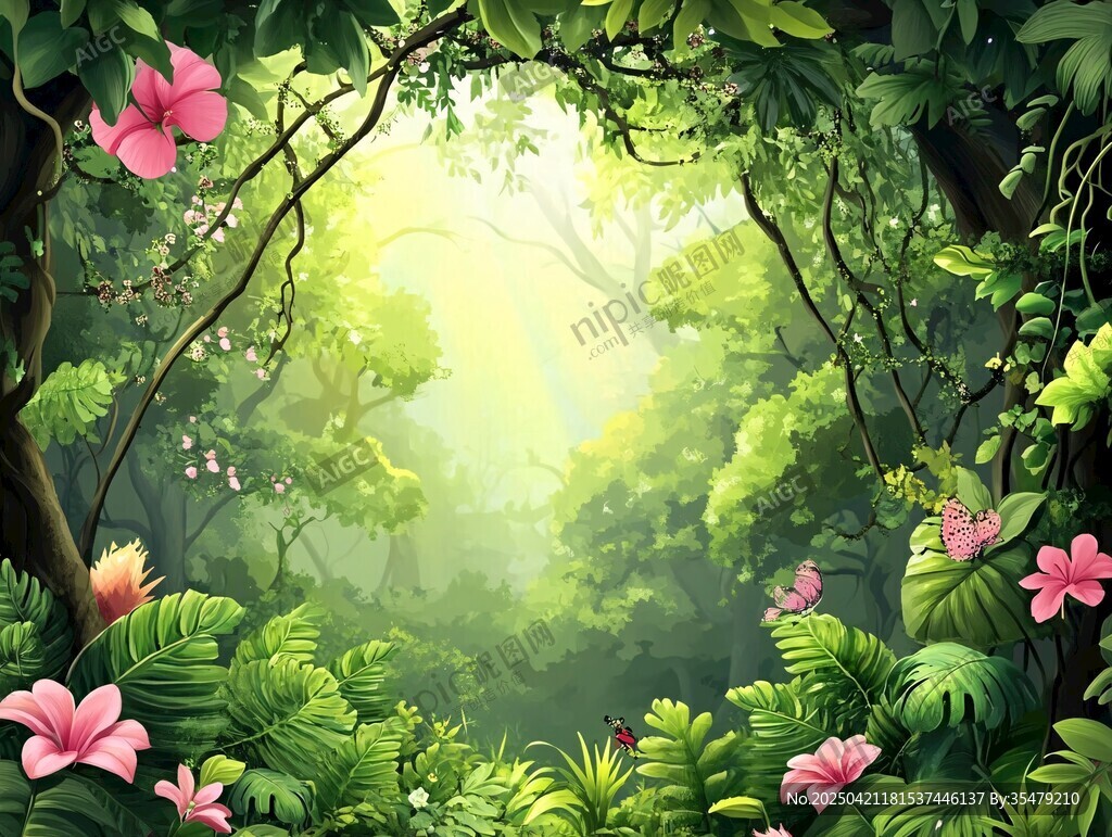 梦幻丛林中的花卉与绿意