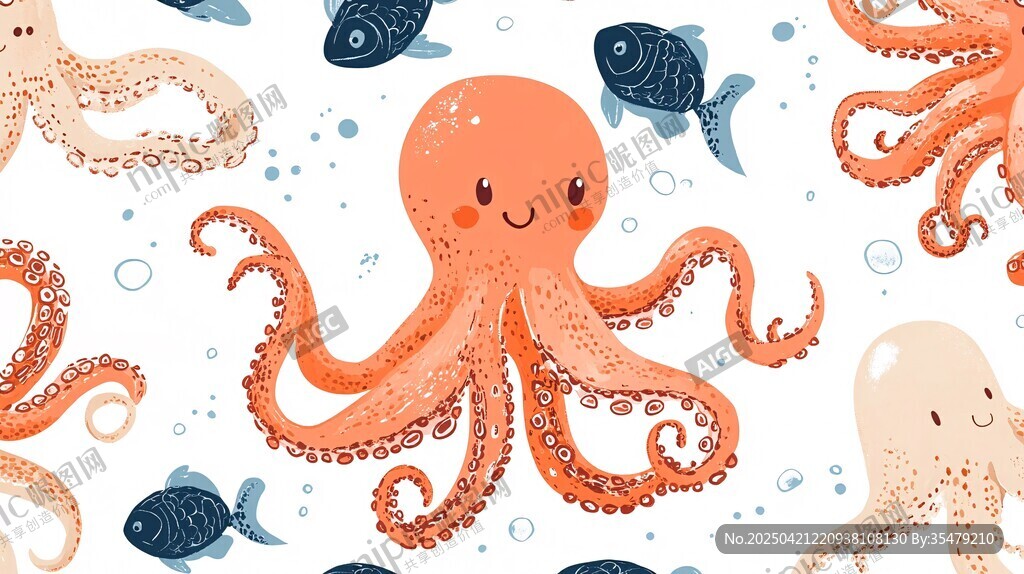 可爱章鱼与小鱼海洋图案