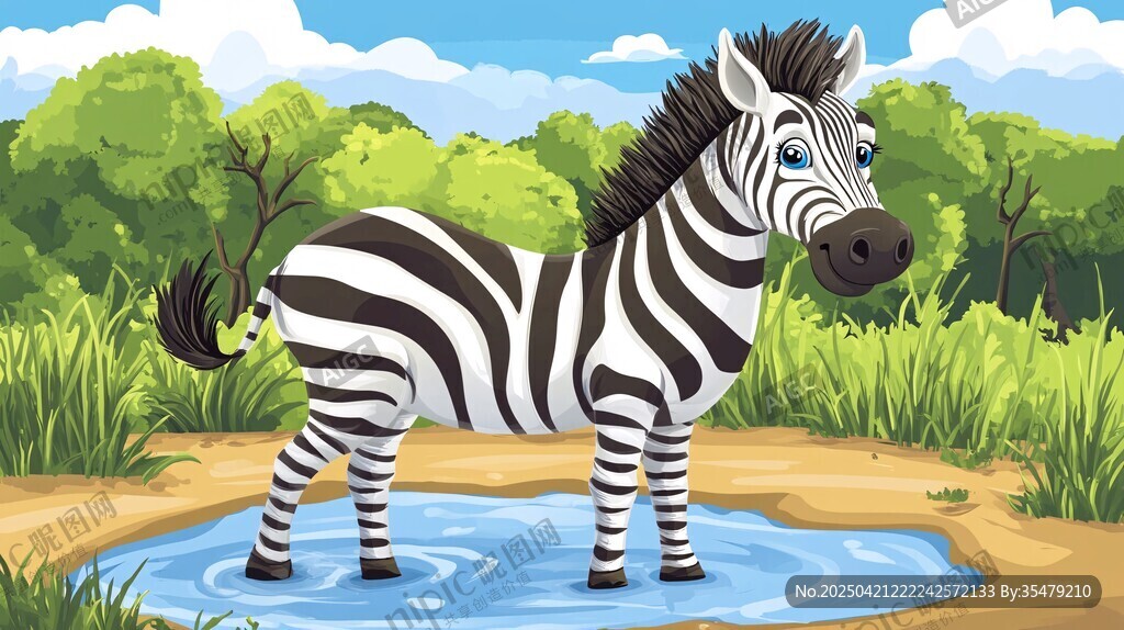 斑马在水洼边的自然场景