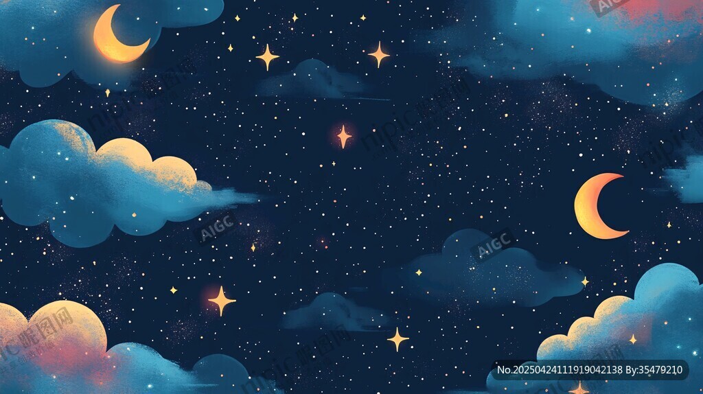 梦幻星空下的云朵与弯月