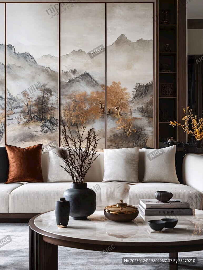 中式客厅 山水壁画添雅致