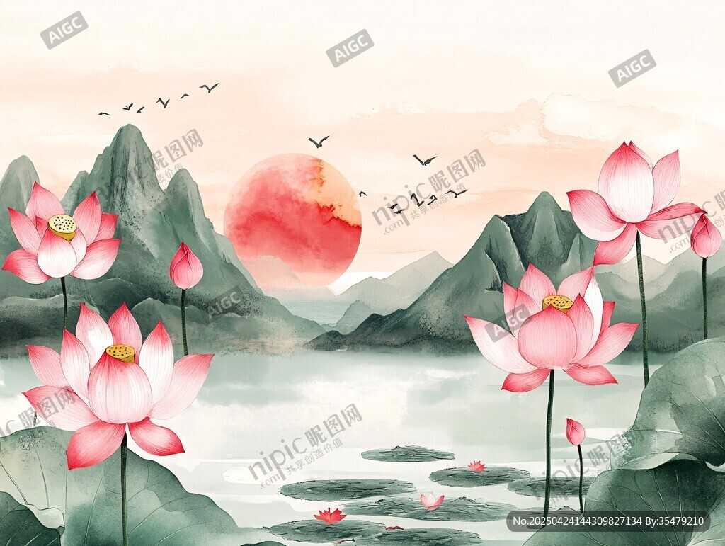 水墨荷塘夕阳山水图