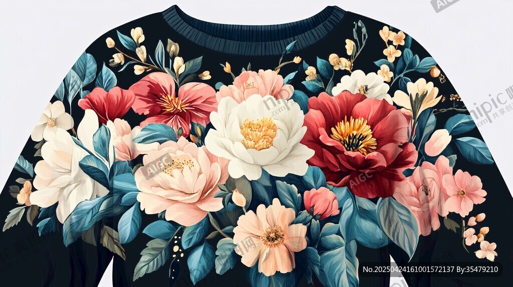 花卉图案时尚黑色卫衣