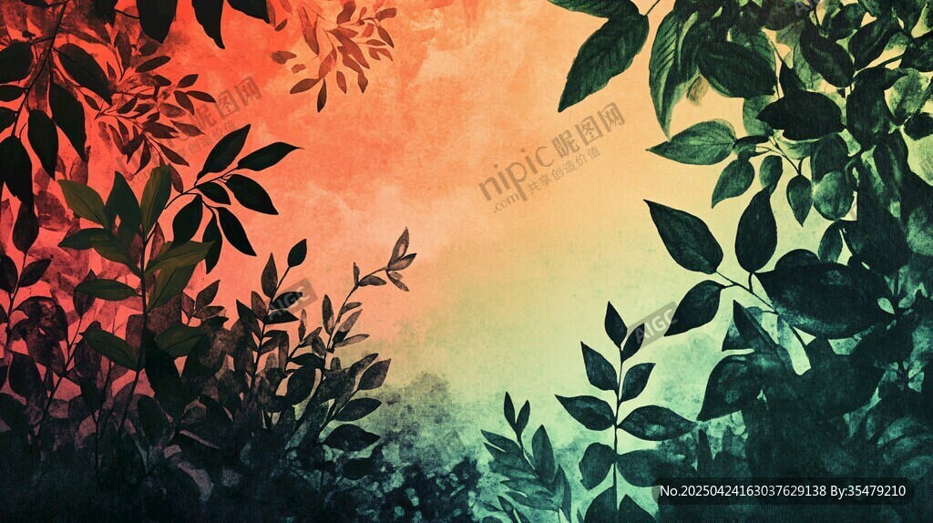 梦幻渐变背景中的繁茂枝叶